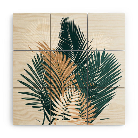 evamatise Gold and Green Palm Leaves Wood Wall Mural