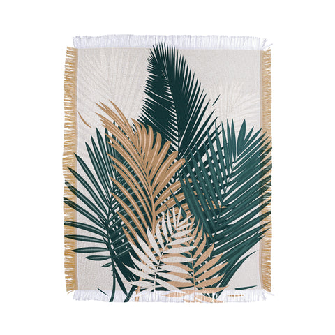 evamatise Gold and Green Palm Leaves Throw Blanket