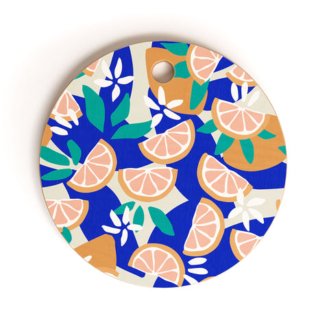 evamatise Mediterranean Summer Lemons and Leaves Cutting Board Round