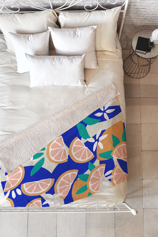 evamatise Mediterranean Summer Lemons and Leaves Fleece Throw Blanket