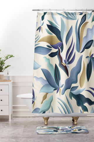 evamatise Moody Palms on Cream Retro Shower Curtain And Mat