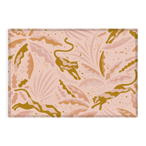 evamatise Panthers and Tropical Plants in Blush Outdoor Rug