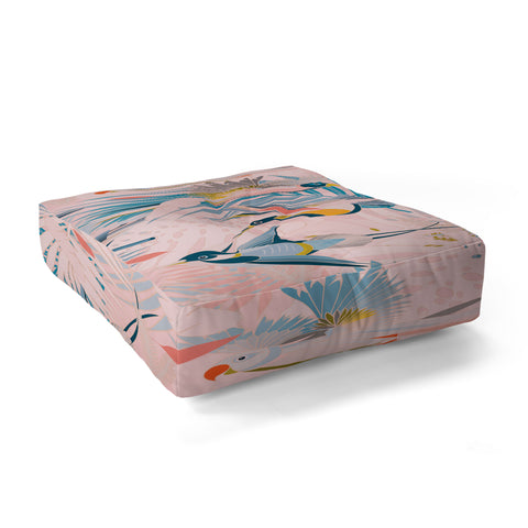 evamatise Pinky Sunny Boho Birds Pink Floor Pillow Square