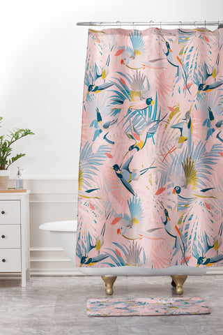 evamatise Pinky Sunny Boho Birds Pink Shower Curtain And Mat