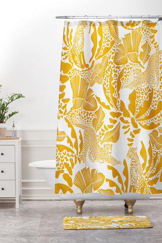 evamatise Surreal Jungle in Bright Yellow Shower Curtain And Mat