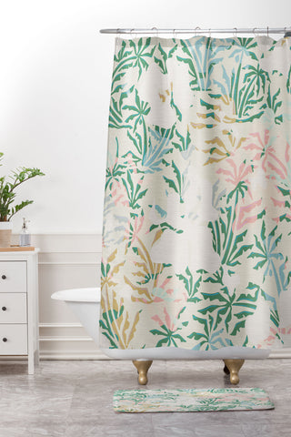 evamatise Tropical Jungle Landscape Abstraction Shower Curtain And Mat