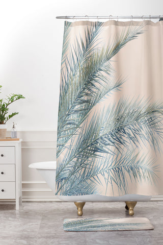 Eye Poetry Photography Tropical Palms on Blush Pink Boho Nature Shower Curtain And Mat