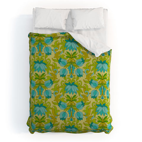 Eyestigmatic Design Turquoise and Green Leaves 1960s Comforter