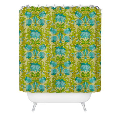 Eyestigmatic Design Turquoise and Green Leaves 1960s Shower Curtain