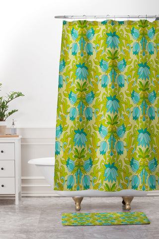 Eyestigmatic Design Turquoise and Green Leaves 1960s Shower Curtain And Mat