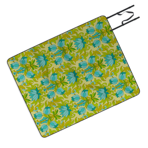 Eyestigmatic Design Turquoise and Green Leaves 1960s Picnic Blanket