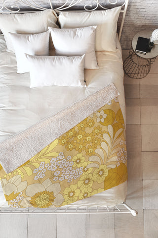 Eyestigmatic Design Yellow Ivory Brown Retro Floral Fleece Throw Blanket