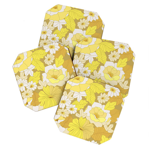 Eyestigmatic Design Yellow Ivory Brown Retro Flowers Coaster Set
