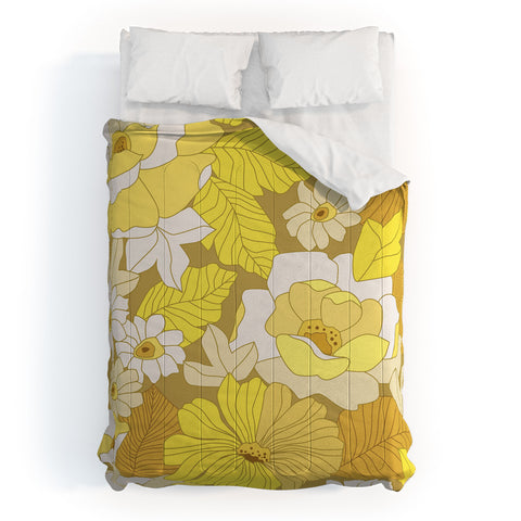 Eyestigmatic Design Yellow Ivory Brown Retro Flowers Comforter