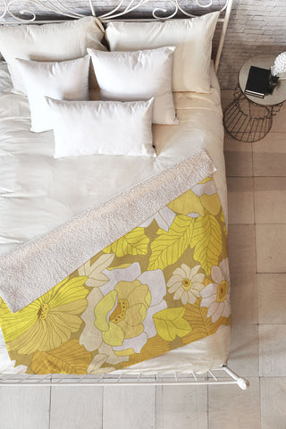 Eyestigmatic Design Yellow Ivory Brown Retro Flowers Fleece Throw Blanket
