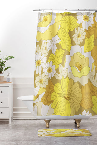 Eyestigmatic Design Yellow Ivory Brown Retro Flowers Shower Curtain And Mat