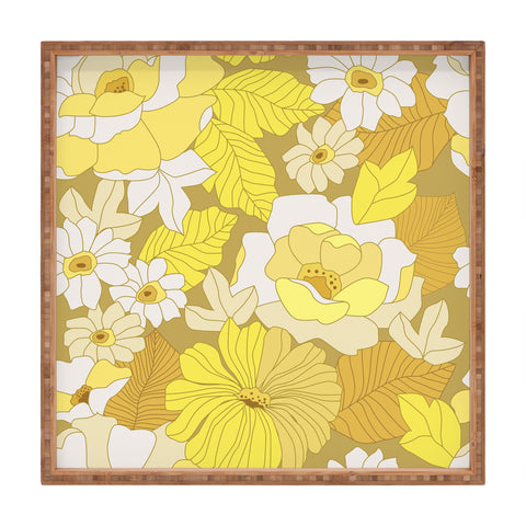 Eyestigmatic Design Yellow Ivory Brown Retro Flowers Square Tray