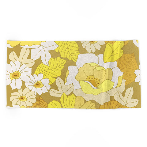 Eyestigmatic Design Yellow Ivory Brown Retro Flowers Beach Towel