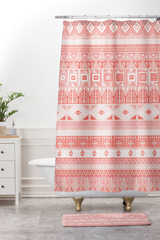 Fimbis Living Coral Aztec Shower Curtain And Mat