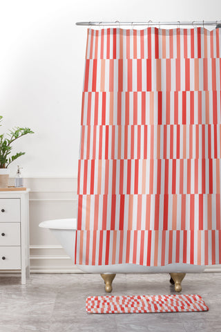 Fimbis Living Coral Stripes Shower Curtain And Mat