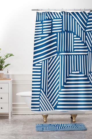 Fimbis Strypes Classic Blue Shower Curtain And Mat