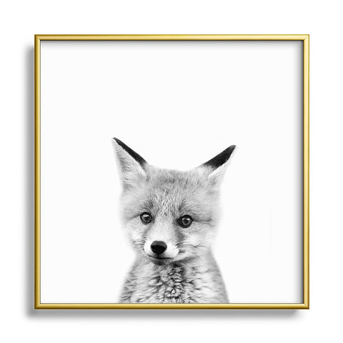Gal Design Baby Fox Black White Metal Square Framed Art Print