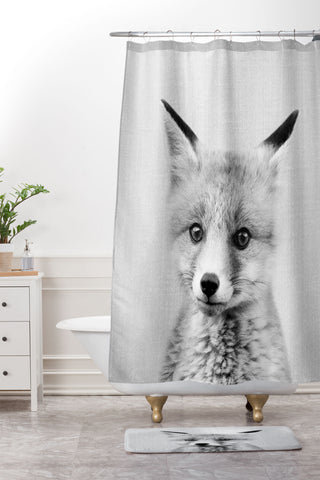 Gal Design Baby Fox Black White Shower Curtain And Mat
