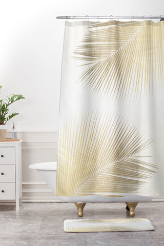 Gale Switzer Palm Leaf Synchronicity gold Shower Curtain And Mat