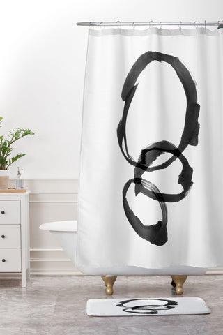 GalleryJ9 Black and White Round Abstract Shapes Minimalist Ink Painting Shower Curtain And Mat