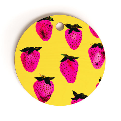 Georgiana Paraschiv Strawberries Yellow and Pink Cutting Board Round