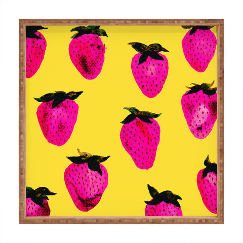 Georgiana Paraschiv Strawberries Yellow and Pink Square Tray