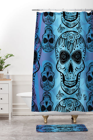 Gina Rivas Design Blue Rose Sugar Skulls Shower Curtain And Mat