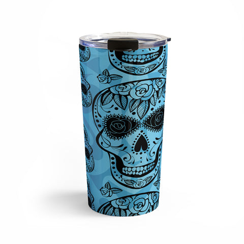 Gina Rivas Design Blue Rose Sugar Skulls Travel Mug