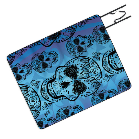 Gina Rivas Design Blue Rose Sugar Skulls Picnic Blanket