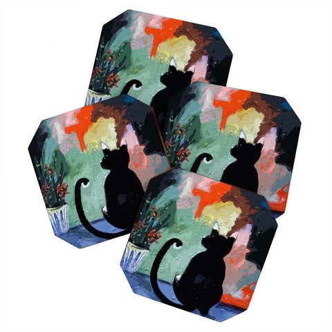 Ginette Fine Art Black Cat Coaster Set