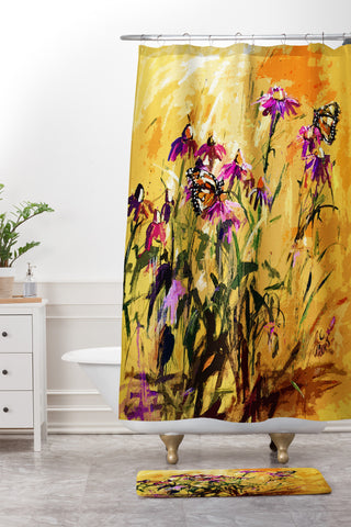 Ginette Fine Art Purple Coneflowers And Butterflies Shower Curtain And Mat
