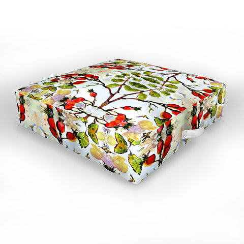 Ginette Fine Art Rose Hips and Bees Pattern Outdoor Floor Cushion