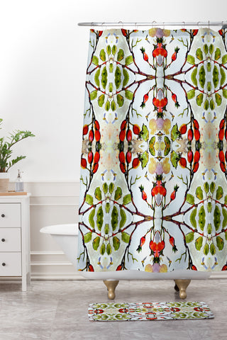 Ginette Fine Art Rose Hips and Bees Pattern Shower Curtain And Mat