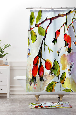 Ginette Fine Art Rose Hips and Bees Shower Curtain And Mat