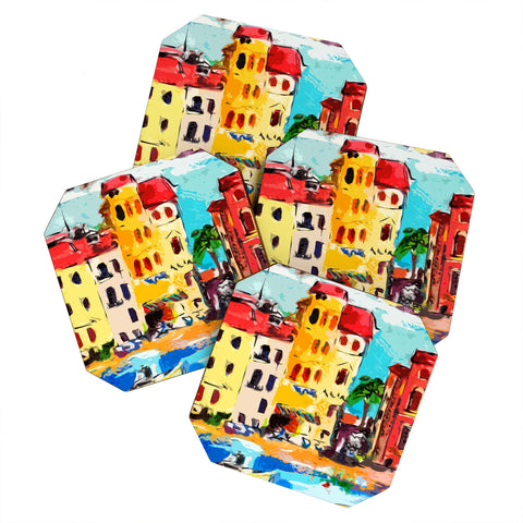 Ginette Fine Art Sestri Levante Italy Yellow House Coaster Set