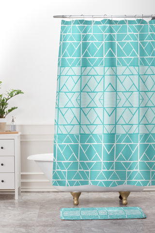 Gneural Shifting Pyramids Cyan Shower Curtain And Mat