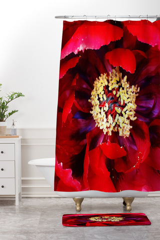 Happee Monkee Red Peony Shower Curtain And Mat