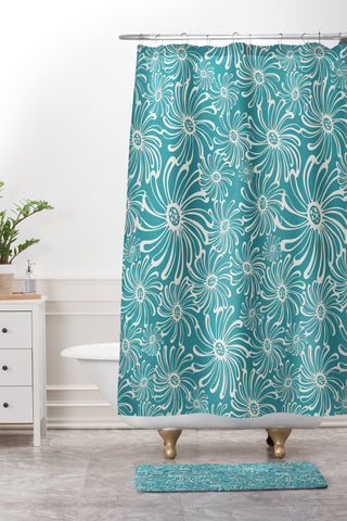 Heather Dutton Bursting Bloom Peacock Shower Curtain And Mat