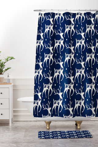 Heather Dutton Dashing Through The Snow Deer Navy Shower Curtain And Mat