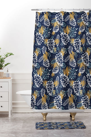 Heather Dutton Festive Forest Navy Shower Curtain And Mat