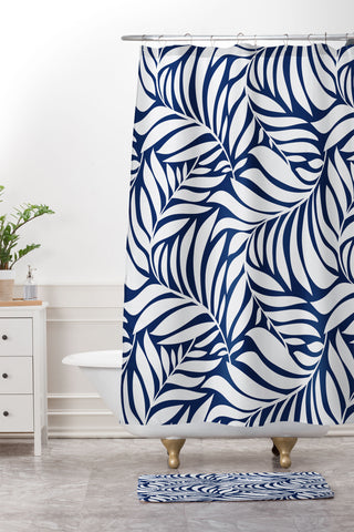 Heather Dutton Flowing Leaves Navy Shower Curtain And Mat