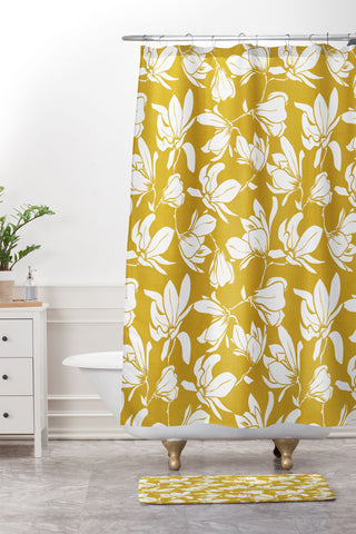 Heather Dutton Magnolia Garden Goldenrod Shower Curtain And Mat