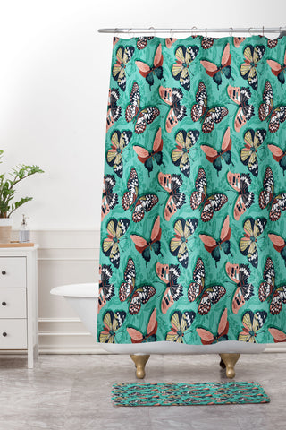 Heather Dutton Mariposa Boho Butterflies Aqua Shower Curtain And Mat