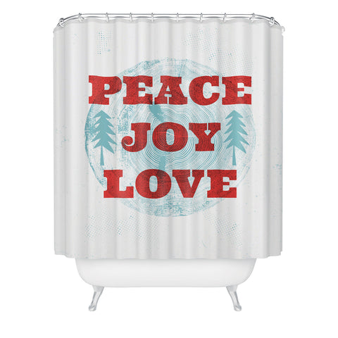 Heather Dutton Peace Joy Love Woodcut Shower Curtain