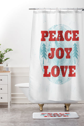 Heather Dutton Peace Joy Love Woodcut Shower Curtain And Mat